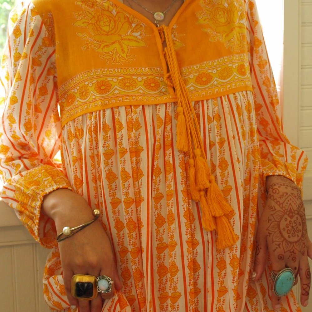 yellow block print Indian cotton prairie midi dres